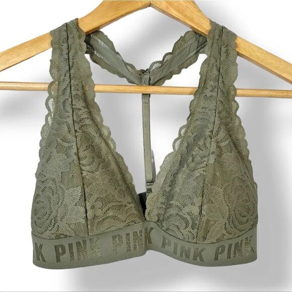 Victoria's Secret Pink Lace T-Strap Logo Bralette in Army Green Size Small - Picture 5 of 13